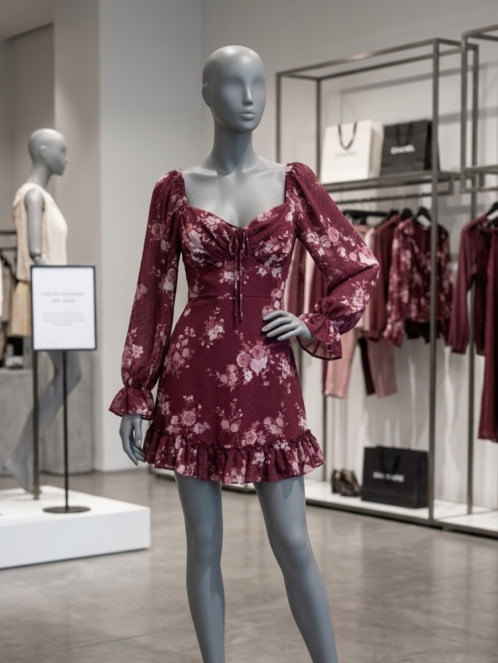 B Darlin Burgundy Floral Long-Sleeve Mini Dress